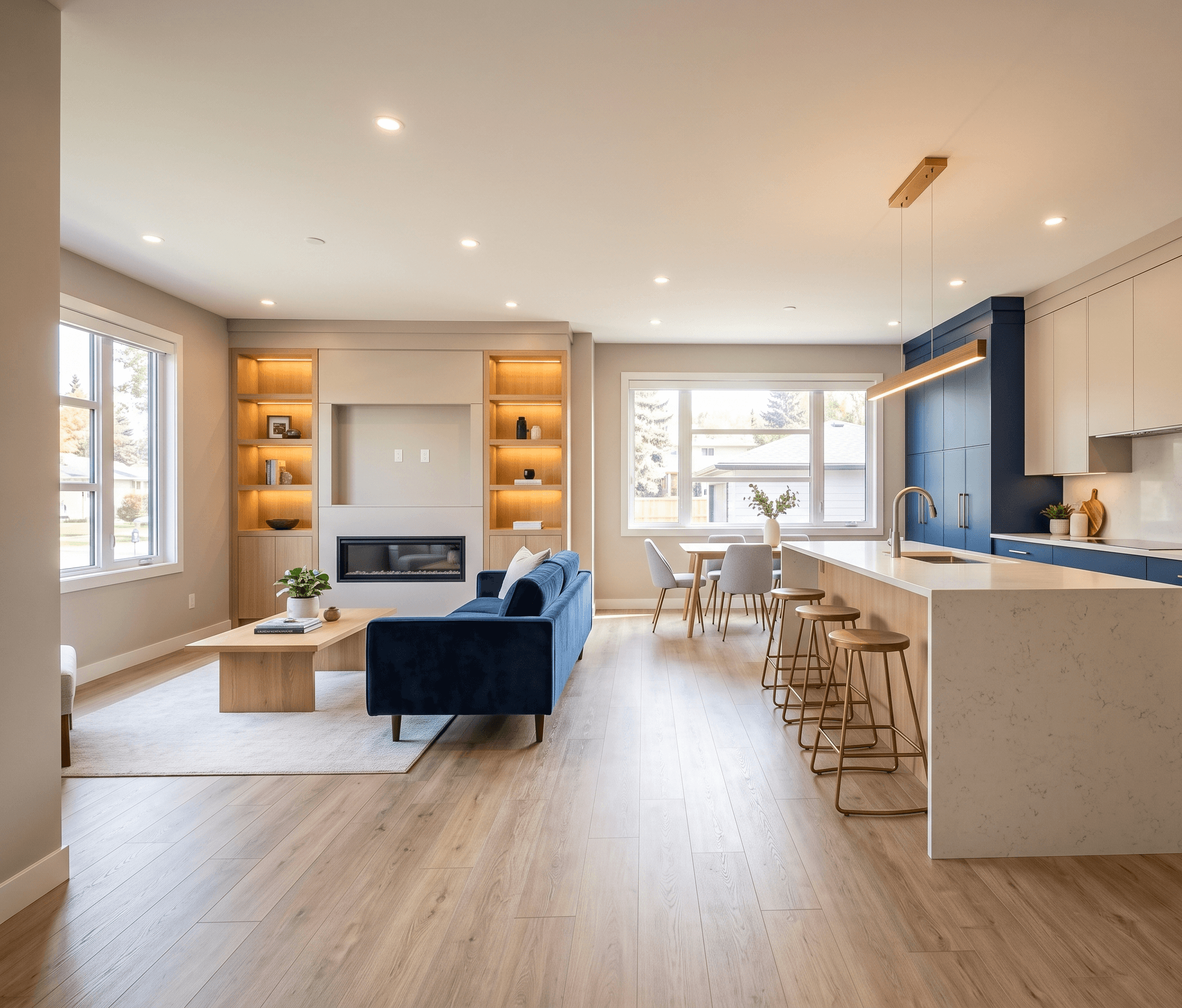 Renovated open-concept living room and kitchen in an Edmonton investment property