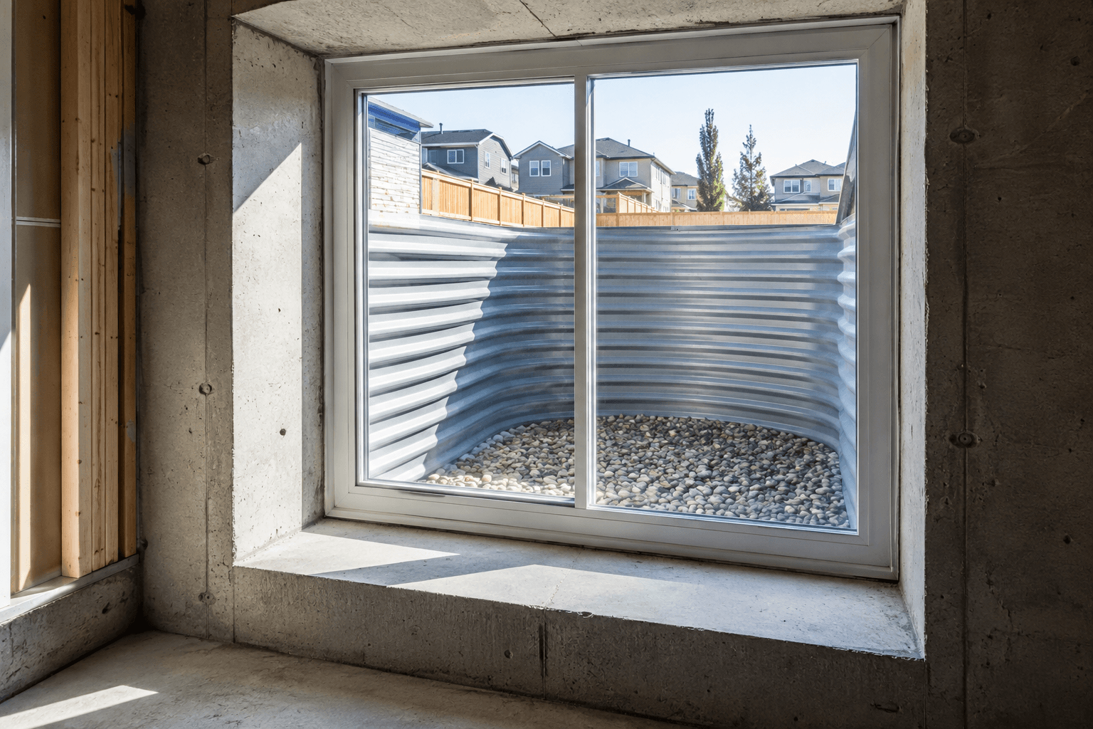 Finished code-compliant egress window and window well in an Edmonton legal suite
