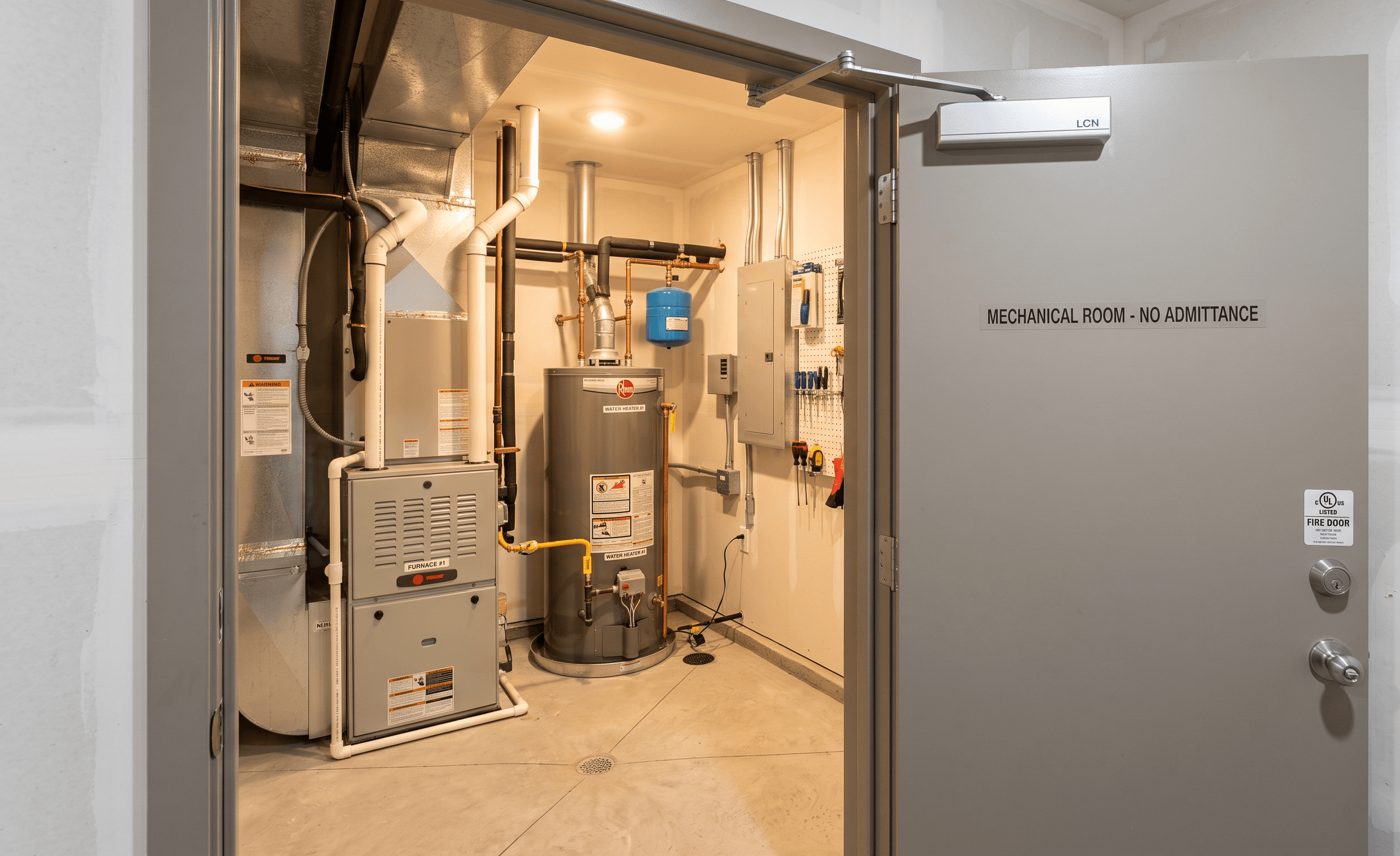 Correctly enclosed mechanical room with a labeled self-closing fire-rated door